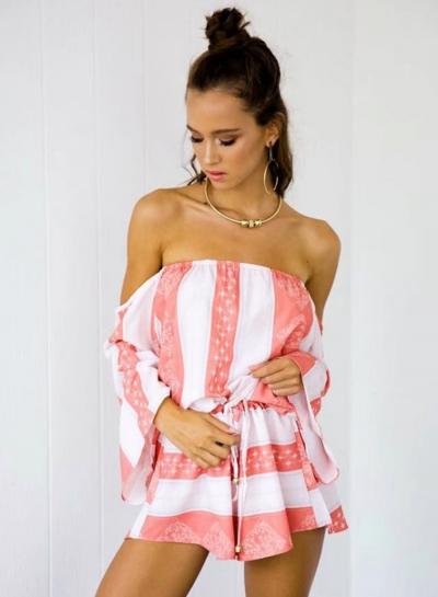 Oasap Hot Slash Neck Off Shoulder Striped Print Romper