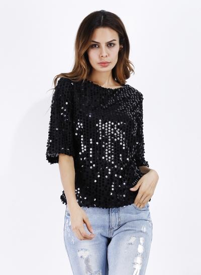 Oasap Round Neck Half Sleeve Sequin Tee Shirt