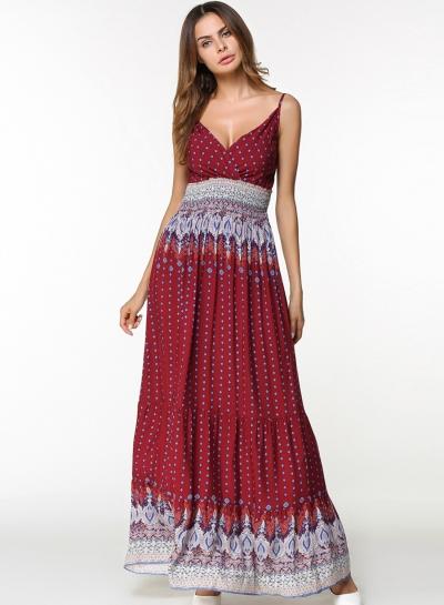 Oasap Spaghetti Strap V Neck Off Shoulder Pattern Print Maxi Dress