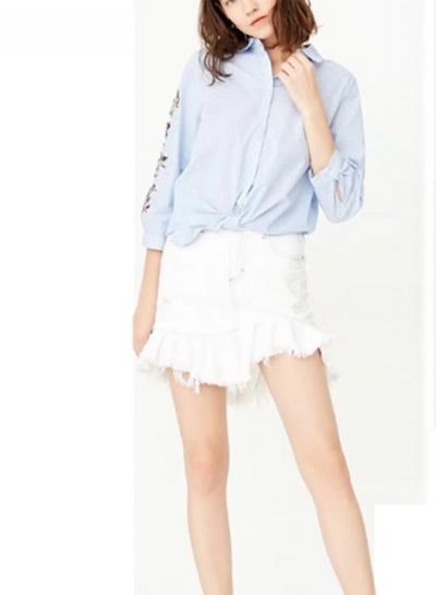 Oasap Floral Embroidery Lace-up Stripped Shirt