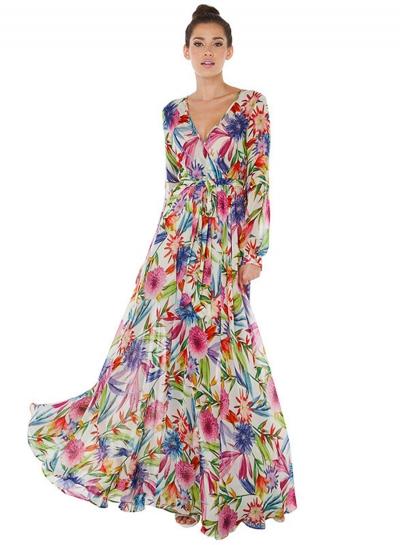 Oasap V Neck Long Sleeve Floral Tie Waist Bohemian Maxi Dress