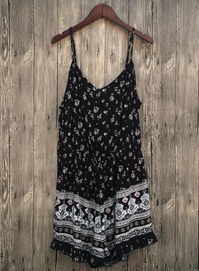 Oasap Spaghetti Strap Sleeveless Floral Printed Elastic Waist Romper