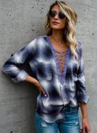 Oasap V Neck Long Sleeve Plaid Lace Up Blouse