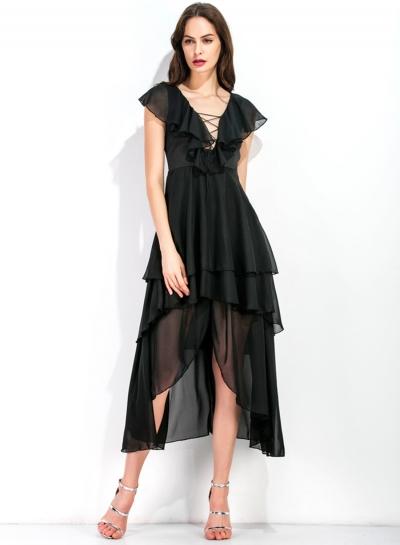 Oasap Ruffle Front Lace Up High Low Dress