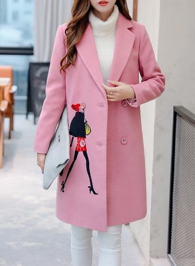 Oasap Turn Down Collar Long Sleeve Embroidery Wool Coat