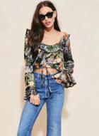 Oasap Scoop Neck Flounce Panel Floral Print Blouse