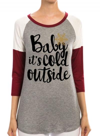 Oasap Letter Graphic Color Block Slim Fit Christmas Tee