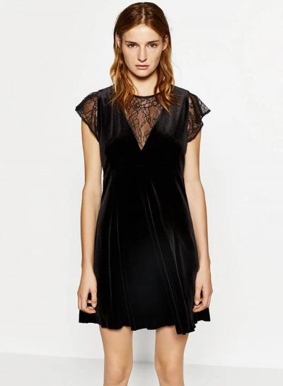 Oasap Lace Panel Velvet Little Black Dress