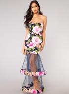 Oasap Fashion Floral Printed Chest Wrapped Mesh Splicing A-line Bodycon Dress