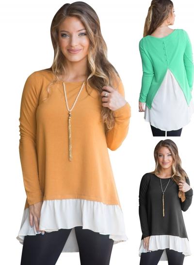 Oasap Round Neck Long Sleeve Back Button Detail Color Block Tee Shirt