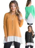 Oasap Round Neck Long Sleeve Back Button Detail Color Block Tee Shirt