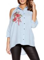 Oasap Blue Floral Embroidery Loose Shirt