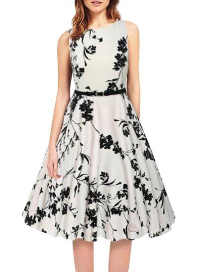 Oasap Women's Retro Floral Print Round Neck A-line Dress
