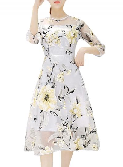 Oasap Women's Floral Print Round Neck Asymmetric Organza Dress