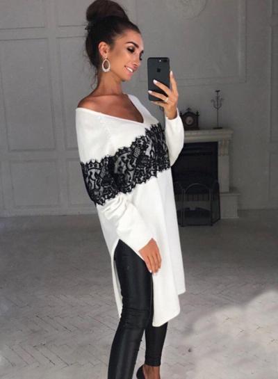 Oasap V Neck Long Sleeve Lace Panel Side Slit Dress