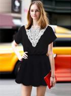 Oasap Short Sleeve Lace Panel Elastic Waist Mini Dress