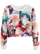 Oasap Women's Long Sleeve Cat Print Pullover Cropped Sweatshirt