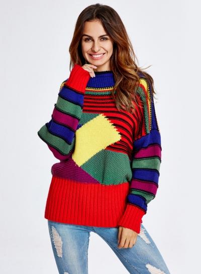 Oasap Fashion Long Sleeve Loose Fit Color Block Pullover Sweater