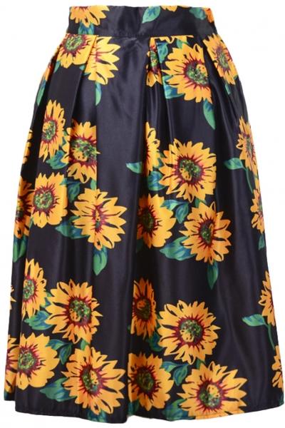 Oasap Fancy Sunflower Print Pleated A-line Midi Skirt