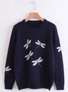Oasap Round Neck Long Sleeve Dragonfly Embroidery Sweater
