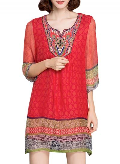 Oasap Women's Casual 3/4 Sleeve Print Mini Embroidered Dress