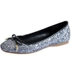 Oasap Square Toe Bow Flat Heels Sequin Shoes