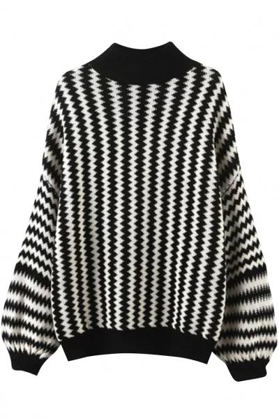 Oasap Color Block Zigzag Printing Lantern Sleeve Sweater