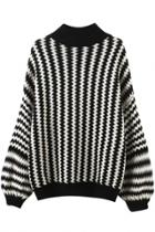 Oasap Color Block Zigzag Printing Lantern Sleeve Sweater