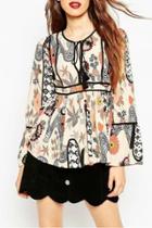 Oasap Vintage Flare Sleeve Printing Pullover Blouse