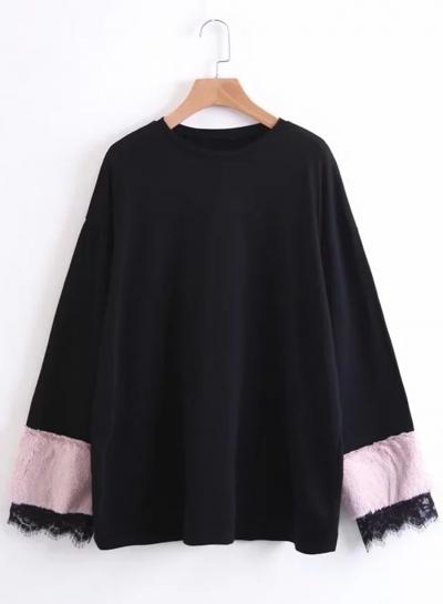 Oasap Round Neck Long Sleeve Lace Splicing Sweatshirt