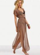 Oasap V Neck See Through Slit Solid Dresses