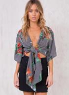 Oasap V Neck Flare Sleeve Stripe Knot Front Floral Crop Top
