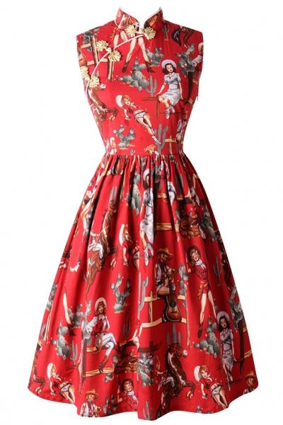 Oasap Vintage Print Chinese Button Stand Collar Sleeveless Dress