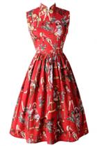 Oasap Vintage Print Chinese Button Stand Collar Sleeveless Dress