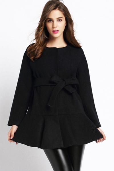 Oasap Elegant Solid Long Sleeve Belted Flouncing Hem Coat