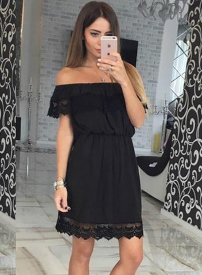 Oasap Off The Shoulder Solid Lace Hem Dresses