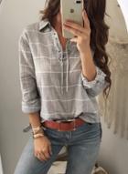 Oasap Turn-down Collar Lace Up Long Sleeve Plaid Blouse