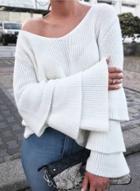 Oasap V Neck Flare Sleeve Solid Color Knit Pullover Sweater
