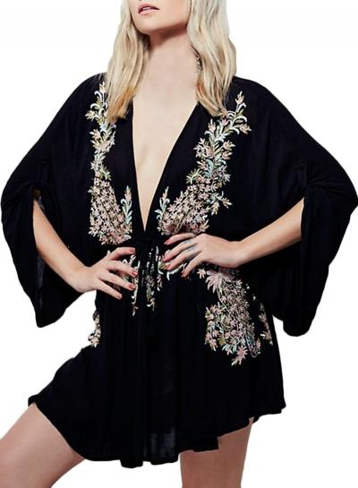 Oasap Women's Floral Embroidery Print Deep V Drawstring Waist Dress