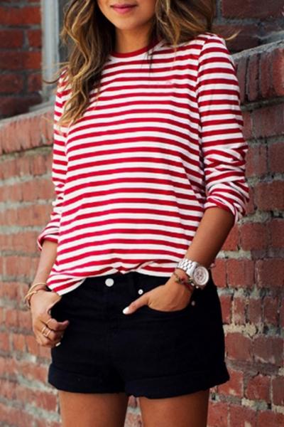 Oasap Contrast-striped Round Neckline Loose Fit Knit Tee