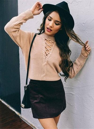 Oasap V Neck Hollow Out Solid Color Pullover Sweater