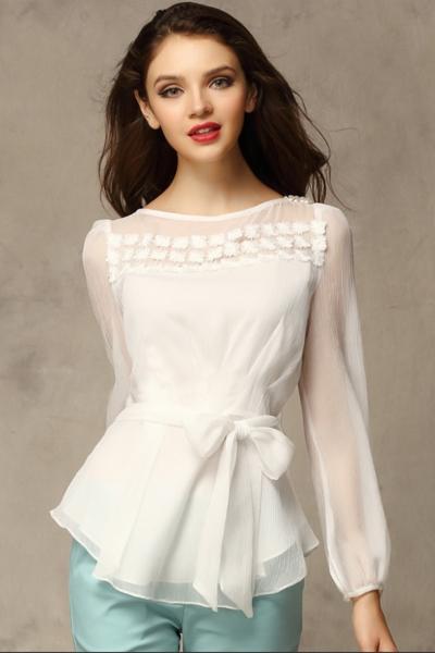 Oasap Chic Embroidery Belted Bead Decoration Blouse