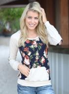 Oasap Round Neck Floral Printed Splicing Pullover Tee Shirt