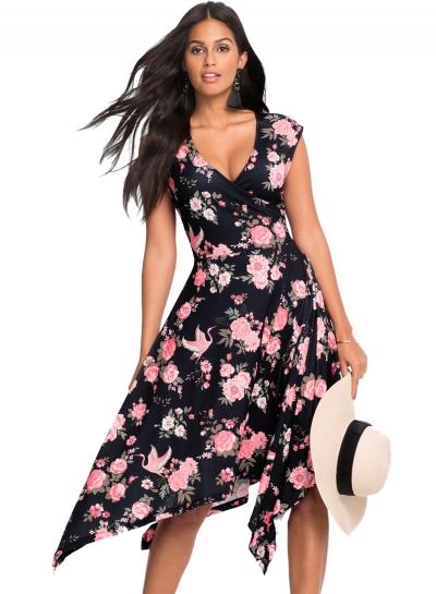 Oasap Fashion Irregular Floral Printed Sleeveless V Neck Midi Dress