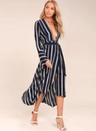Oasap Casual V Neck Long Sleeve Stripe Irregular Maxi Dress