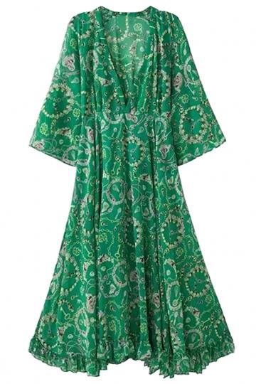 Oasap Jewelry Print V Neckline Beach Dress