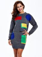 Oasap Fashion Color Block 2 Piece Sweater Skirt Set
