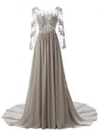 Oasap Long Sleeve Floral Lace Rhinestone Evening Dress