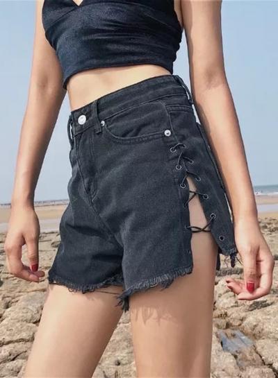 Oasap High Waist Lace Up Raw Edge Denim Shorts