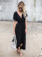 Oasap V Neck Short Sleeve High Low Evening Dress